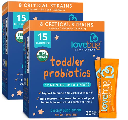 Lovebug Award Winning Probiotics | Constipation & Stomach Discomfort | Softer Bowel Movements | Easy-to-Take Powder | Ages 12 Months to 4 Years | 60 Packets