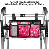 Update Flower Color Wheelchair Bag Side Organizer Storage Armrest Pouch with Cup Holder and Reflective Stripe Use Waterproof Fabric, for Most Wheelchairs, Walkers or Rollators (Red Floral)