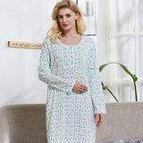 Keyocean Nightgowns for Women with Pockets, All Cotton Soft Lightweight Long Sleeve Ladies Sleepwear for Elderly, Green Floral, X-Large