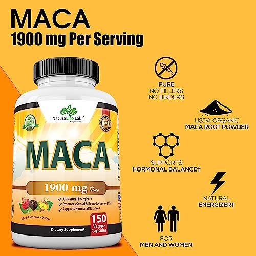 Organic Maca Root Black, Red, Yellow 1900 MG per Serving - 150 Vegan Capsules Peruvian Maca Root Gelatinized 100% Pure Non-GMO Supports Reproductive Health Natural Energizer