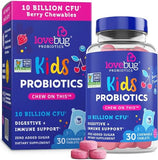 lovebug PROBIOTICS for Kids | Multi-Strain 10 Billion CFU | Constipation & Stomach Discomfort | Sugar Free | Ages 4+ | Natural Berry Flavor | 30 Chewables