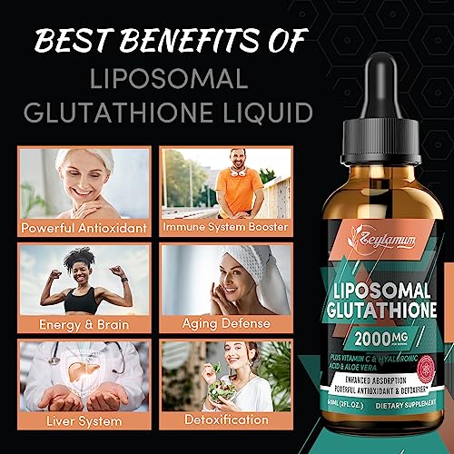 2000MG Liposomal Glutathione Liquid Drops, Enhanced Absorption, Glutathione Supplement, with Vitamin C, Hyaluronic Acid, L-Glutathione, Non-GMO Antioxidant for Liver Detox, Immune System, 2.02 OZ