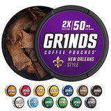 Grinds Coffee Pouches | 3 Cans of New Orleans | Made in the USA | 18 Pouches Per Can | 2x Caffeine 1 Pouch eq. 1/2 Cup of Coffee (New Orleans)