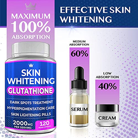 Glutathione Whitening Pills - 120 Capsules 2000mg Glutathione - Effective Skin Lightening Supplement - Dark Spots, Melasma & Acne Scar Remover, Hyperpigmentation Treatment - Anti-Aging Antioxidant