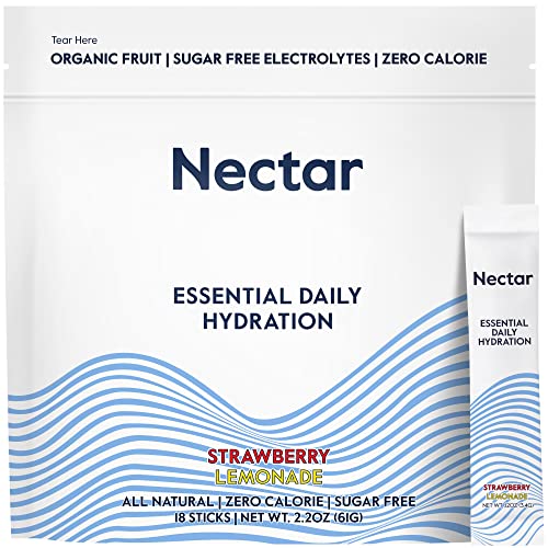 Nectar Hydration Packets - Electrolytes Powder Packets - No Sugar or Calories - Organic Fruit Liquid Daily IV Hydrate Packets for Hangover & Dehydration Relief & Rehydration (Strawb. Lemon 18 Pack)