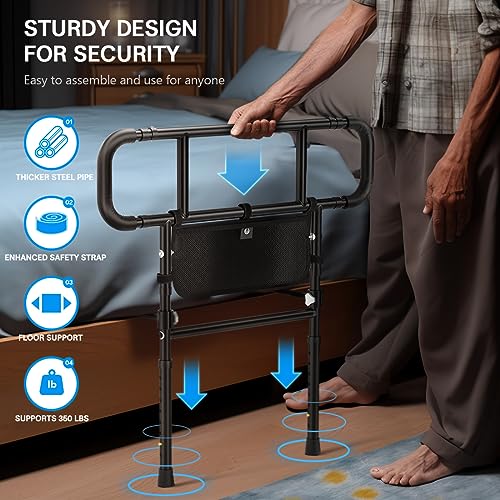 2024 New Bed Rails for Elderly Adults - Upgraded Adjustable Heights & Extendable Bed Side Rail, Foldable Bed Assist Bar, Heavy Duty for Senior & Surgery Patients, Fits King, Queen, Full, Twin