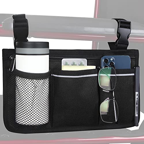 HSGEZUOQI Wheelchair Side Organizer Storage Bag Armrest Pouch with Cup Holder and Reflective Stripe Use Waterproof Fabric, for Most Wheelchairs, Walkers or Rollators (Black)