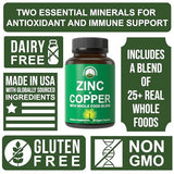 Zinc with Copper + Whole Food Blend of 25 Vegetables and Fruits for Max Absorption. Immune Support Supplement Capsules. Two Essential Minerals for Immunity. Zinc Vitamin Pills for Men and Women.