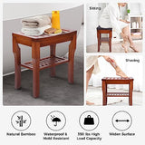 StrongTek Bamboo Shower Stool with Cushion, Small Shower Bench for Bath or Living Room, Shower Footrest for Safe Shaving, Shower Seat with Storage, Ideal for Adults, Seniors & Spa, Red-Brown