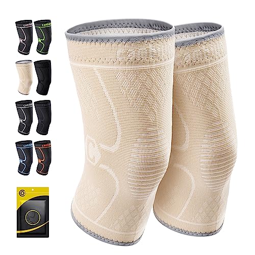 CAMBIVO 2 Pack Knee Brace, Knee Compression Sleeve for Men and Women, Knee Support for Running, Workout, Gym, Hiking, Sports (Beige,Large)