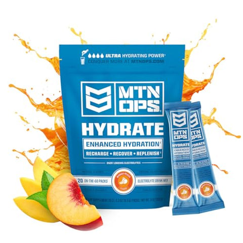 MTN OPS Hydrate Electrolyte Powder - Electrolyte Drink Mix, 20 Single-Serving On-The-Go Packs with Over 1000mg of Electrolytes per Serving, Mango Peach Flavor