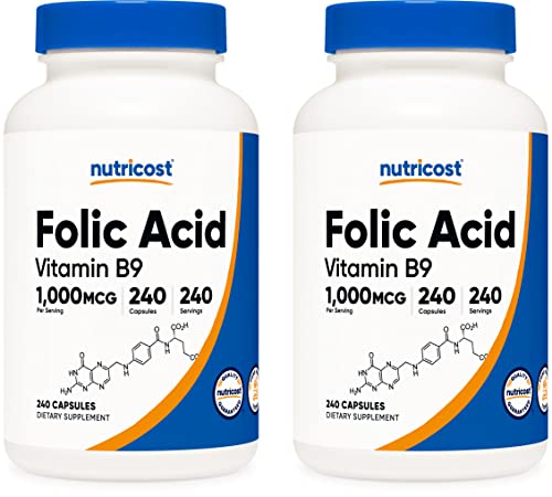 Nutricost Folic Acid (Vitamin B9) 1000 mcg, 240 Capsules (2 Bottles)