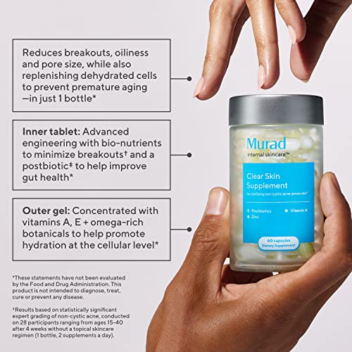 Murad Clear Skin Supplement for Acne-Prone Skin – Biotin, Zinc & Vitamin A Beauty Supplement - Minimize Breakouts, Reduce Inflammation & Control Sebum at the Cellular Level, 60 Caps - 30 Day Supply