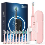 Sonic Electric Toothbrush for Adults - Rechargeable Electric Toothbrushes with 8 Brush Heads & Travel Case,Teeth Whitening , Power Electric Toothbrush with Holder, 3 Hours Charge for 120 Days - Pink