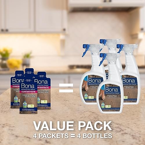 Bona Hardwood Floor Cleaner Concentrate, Unscented, 1 fl oz, Pack of 4 (Makes 128 fl oz) - Residue-Free Floor Cleaning Solution for Bona Spray Mop and Spray Bottle Refill - For Wood Floors