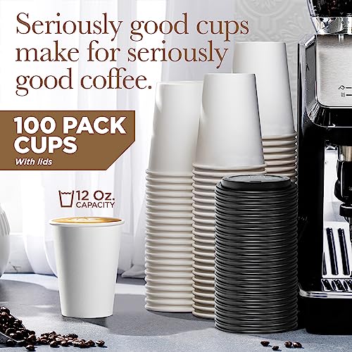 Disposable Coffee Cups with Lids 12 oz (100 Pack) - To Go Cups for Hot & Cold Drinks, Tea, Hot Chocolate, Water - Poly-Coated for No Condensation with Rolled Edge - Coffee Cup Bundle