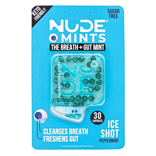 NUDE Breath Mints for Bad Breath - Ice Shot - 2 in 1 Keto Friendly Sugar Free Mints - Gluten Free Bad Breath Treatment for Adults - Carbs - Calorie - Breath Freshener for People - Instant Fresh - Cleanse Gut - Peppermint - 5 Pack - 150 Mint Capsules