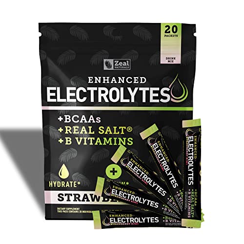 Enhanced Electrolyte Powder Stick Packs (Strawberry Kiwi- 20 Packets) Sugar Free + BCAA B-Vitamins & Real Salt® - Keto Electrolytes, Hydration Powder