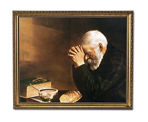 ART PRINT Daily Bread Man Praying At Dinner Table Grace Religious Picture Wall Art Print 16x20 with Gold Frame + Glass *Sentimental and Classic*