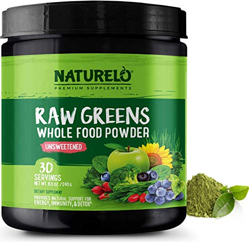 NATURELO Raw Greens Superfood Powder - Unsweetened - Boost Energy, Detox, Enhance Health - Organic Spirulina - Wheat Grass - Whole Food Nutrition from Fruits and Vegetables - 30 Servings