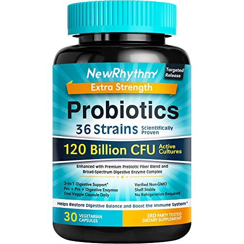 NewRhythm Probiotics 120 Billion CFU 36 Strains, 3-in-1 Digestive & Immune Support with Prebiotics & Enzymes, Targeted Release, Stomach Acid Resistant, No Refrigeration, Non-GMO, Vegan,Capsule