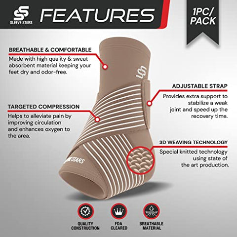 Sleeve Stars Ankle Brace for Women & Men, Achilles & Plantar Fasciitis Relief Compression Sleeve, Foot Brace with Ankle Support Strap, Heel Protector Wrap for Pain, Tendonitis & Sprain (Single/Beige)