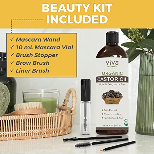 Organic Castor Oil for Eyelashes and Eyebrows - 16 fl oz, USDA Organic, Pure Hexane-Free Moisturizer Traditionally Used for Hair Growth, Natural Skin and Eyelash Serum, Cold Pressed with Beauty Kit