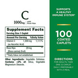 Nature's Bounty Vitamin C + Rose Hips, 1000mg, Immune Support, Coated Caplets, 100Ct,.