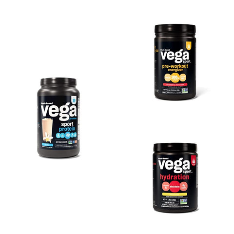 Vega Sport Routine Bundle - Premium Vanilla Protein Powder (20 Servings) Strawberry Lemonade Preworkout Energizer (25 Servings) and Lemonade Electrolyte Hydration (50 Servings)
