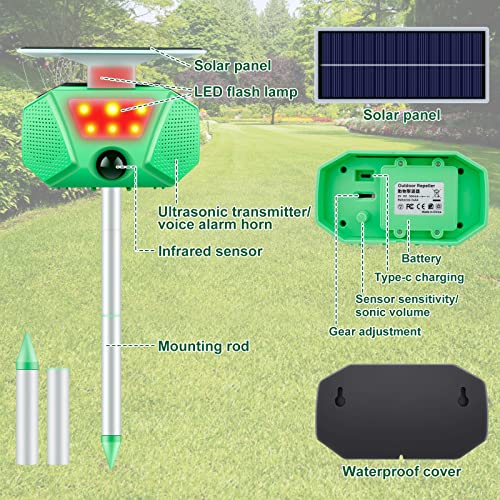 Ultrasonic Animal Repeller, Solar Ultrasonic Repeller Outdoor, Squirrel Animal Repellent with Motion Sensor and Flashing Light,Raccoon Repellent Outdoor Animal Deterrent Dog Cat Deer Bird Protect Yard