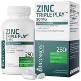 Bronson Zinc Triple Play 30 mg Triple Coverage Immune Support Zinc Supplement with Zinc Acetate, Picolinate & Orotate - Immune, Antioxidant & Skin Health Support - 250 Vegetarian Capsules