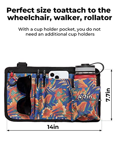 ISSYZONE Wheelchair Side Bag, Walker Pouch Bag with Cup Holder, Wheelchair Armrest Accessories for Walker, Rollator, Electric Scooter Wheelchairs, Ideal Gift for Mother's Day & Father's Day (Orange)