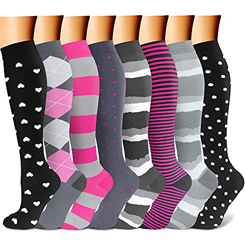 CHARMKING Compression Socks for Women & Men (8 Pairs) 15-20 mmHg Graduated Copper Support Socks are Best for Pregnant, Nurses - Boost Performance, Circulation, Knee High & Wide Calf (L/XL, Multi 41)