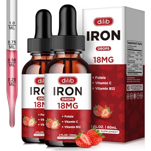 dilib (2 Pack) Liquid Iron Supplement for Women & Men Iron Drops Iron Supplements for Anemia with Folate, Vitamin C, B12 for Red Blood Cell Support-Strawberry, 4 Fl Oz