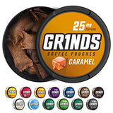 Grinds Coffee Pouches | 10 Cans of Caramel | 18 Pouches Per Can | 1 Pouch eq. 1/4 Cup of Coffee (Caramel)