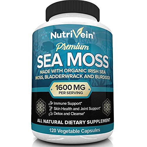 Nutrivein Organic Sea Moss 1600mg Plus Bladderwrack & Burdock - 120 Capsules - Prebiotic Super Food Boosts The Immune System & Digestive Health - Thyroid, Healthy Skin, Keto Detox, Gut, Joint Support