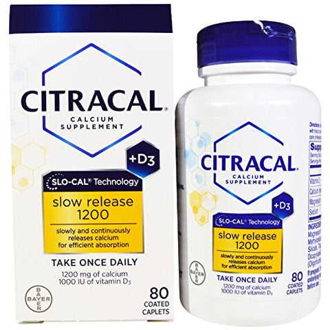 Citracal Calcium Slow Release 1200 + D3 Supplement Coated Caplets - 80 ct, Pack of 3