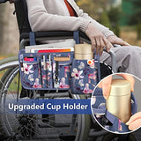 FINPAC Wheelchair Side Storage Bag w/Cup Holder, Wheelchair Armrest Accessories Pouch with Pen Slot and Reflective Strips for Power Wheelchairs, Walkers, Rollators, Seniors (Blooming Hibiscus)