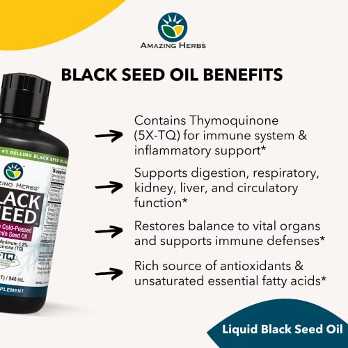 Amazing Herbs Premium Black Seed Oil - Cold Pressed Nigella Sativa Aids in Digestive Health, Immune Support, Brain Function, Joint Mobility, Gluten Free, Non GMO - 32 Fl Oz