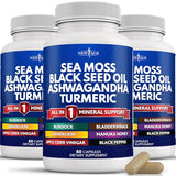 Sea Moss 3000mg Black Seed Oil 2000mg Ashwagandha 1000mg Turmeric 1000mg Bladderwrack 1000mg Burdock 1000mg- with Manuka, Honey Dandelion, ACV Black Pepper Gluten Free