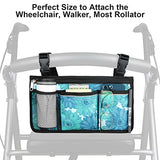 Update Flower Color Wheelchair Bag Side Organizer Storage Armrest Pouch with Cup Holder and Reflective Stripe Use Waterproof Fabric, for Most Wheelchairs, Walkers or Rollators (Blue Floral)