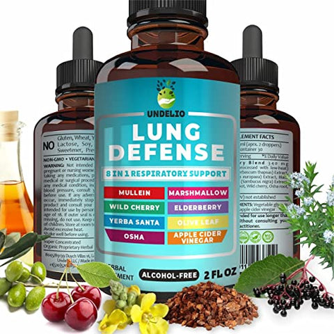 8 in 1 LUNG DEFENSE Herbal Extract, Blend (Mullein-Marshmallow-OSHA-Wild Cherry-Elderberry-Yerba Santa-Olive Leaf-ACV) Lung Cleanse, Respiratory & Immune system Support. Liquid supplement 2 OZ