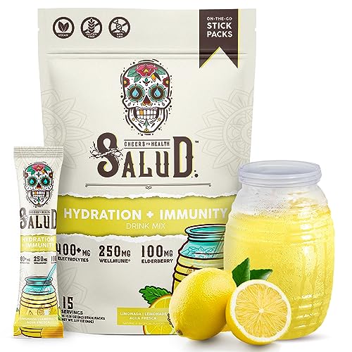 Salud 2-in-1 Hydration and Immunity Electrolytes Powder, Lemonade - 15 Servings, Limonada Agua Fresca Drink Mix, Elderberry, Dairy & Soy Free, Non-GMO, Gluten Free, Vegan, Low Calorie, Only 1G Sugar