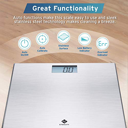 Etekcity Stainless Steel Digital Body Weight Bathroom Scale Step-On Technology Large Blue LCD Backlight Display, 400 Pounds , Grey, 12x12 Inch (Pack of 1)