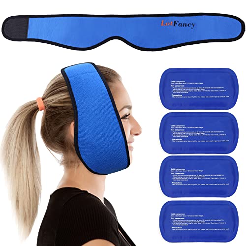 LotFancy Face Ice Pack Wrap for TMJ, Wisdom Teeth, with 4 Reusable Hot Cold Therapy Gel Packs, Pain Relief for Chin, Head, Oral and Facial Surgery, Dental Implants, Blue