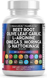 Beet Root Capsules 6000mg Olive Leaf 6000mg Nattokinase 4000 FU Garlic Extract 2000mg L-Arginine 400mg Omega 3 Red Yeast Rice Hibiscus Danshen - Healthy Support Supplement - USA Made