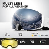 Odoland Magnetic Interchangeable Ski Goggles with 2 Lens, Large Spherical Frameless Snow Snowboard Goggles for Men Women, White Frame Sliver Lens vlt 15%