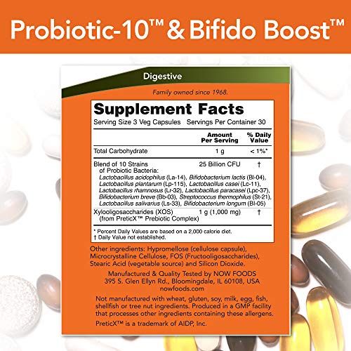 NOW Supplements, Probiotic-10™ & Bifido Boost™ with 10 Strains, 25 Billion CFU Per Serving, plus PreticX™ XOS Prebiotic, 90 Veg Capsules