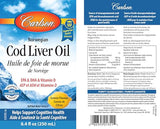 Carlson - Cod Liver Oil, 1100 mg Omega-3s, Liquid Fish Oil Supplement, Wild-Caught Norwegian Arctic, Sustainably Sourced Nordic Liquid, Lemon, 250 ml