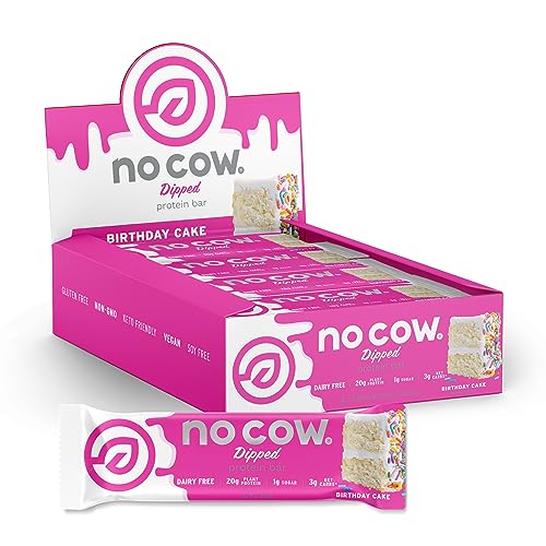 No Cow Dipped High Protein Bars, Birthday Cake 20g Plant Based Vegan Protein Snacks, Keto Friendly, Low Sugar, Low Carb, Low Calorie, Gluten Free, Naturally Sweetened, Dairy Free, Non GMO, Kosher, 12 Pack
